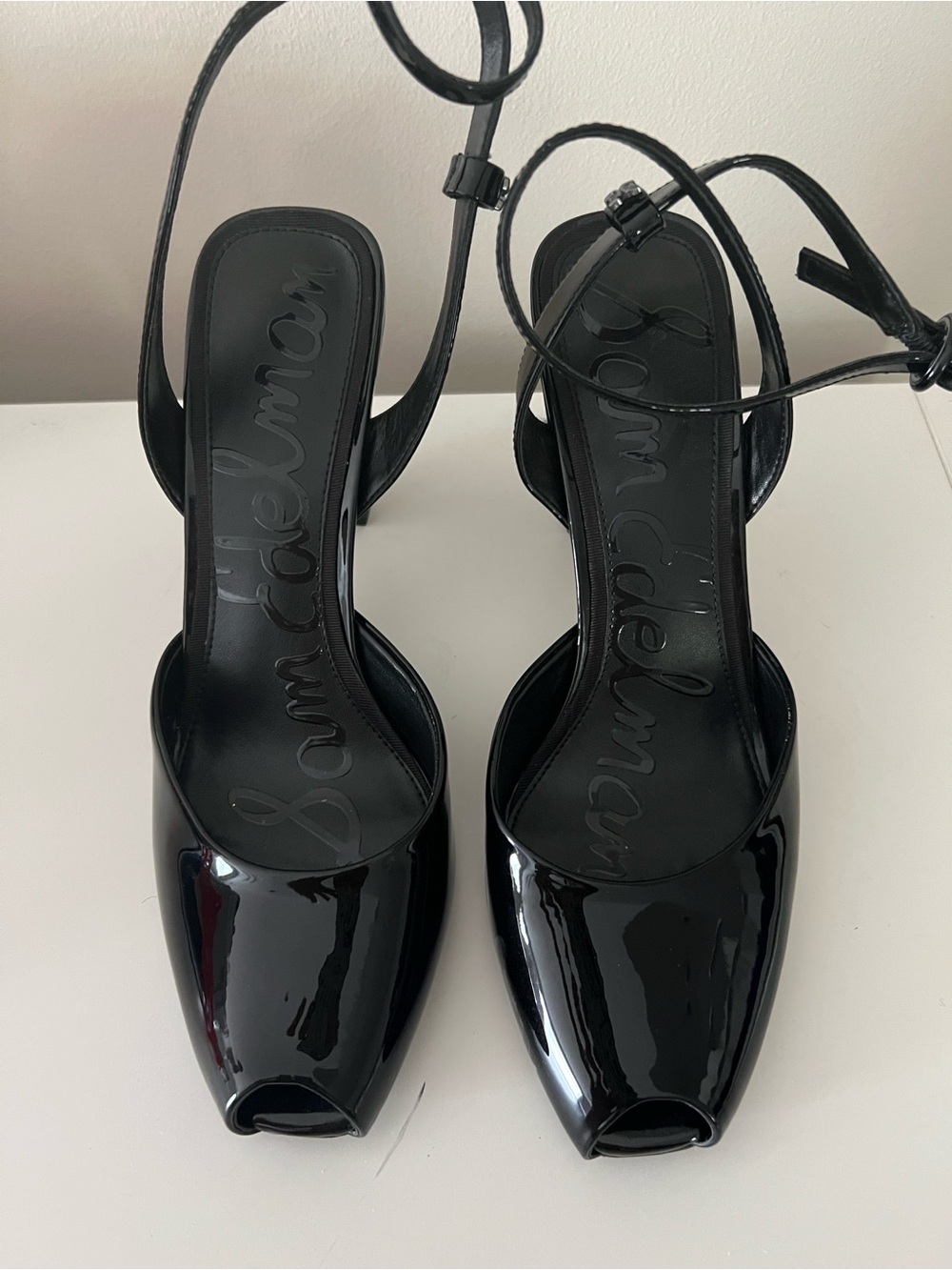 Sam Edelman Black Patent Peep Toe Slingback Heels